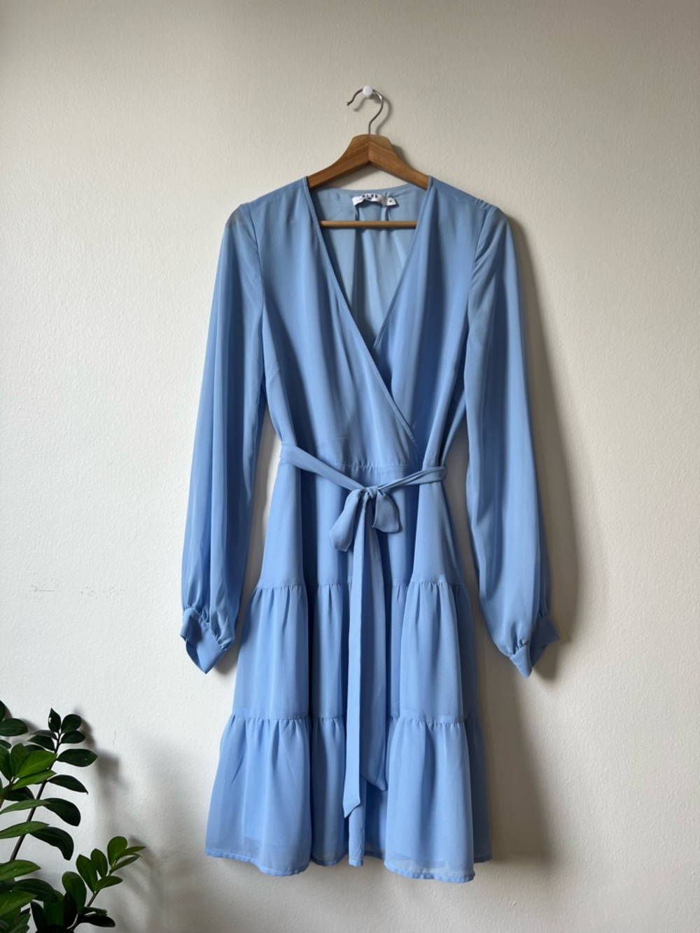 Soft Blue Long-Sleeve Wrap Tiered Dress with Self-Tie Waist